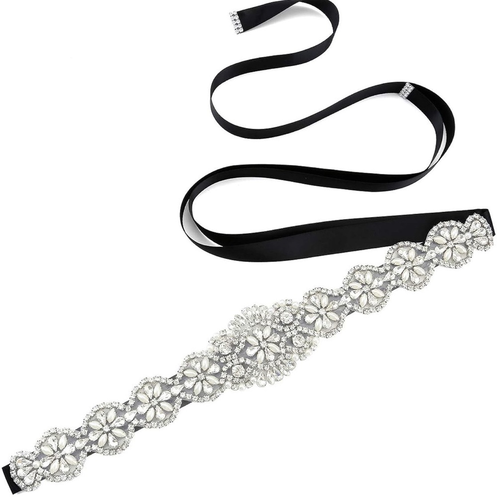Elegant Rhinestone and Pearl on Black Sash Belt
